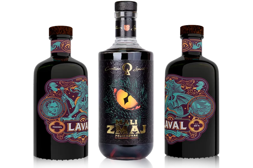A comparison of the Laval Pelinkovac bottle and the original Mali Zmaj, illustrating the Suza brand transformation process.