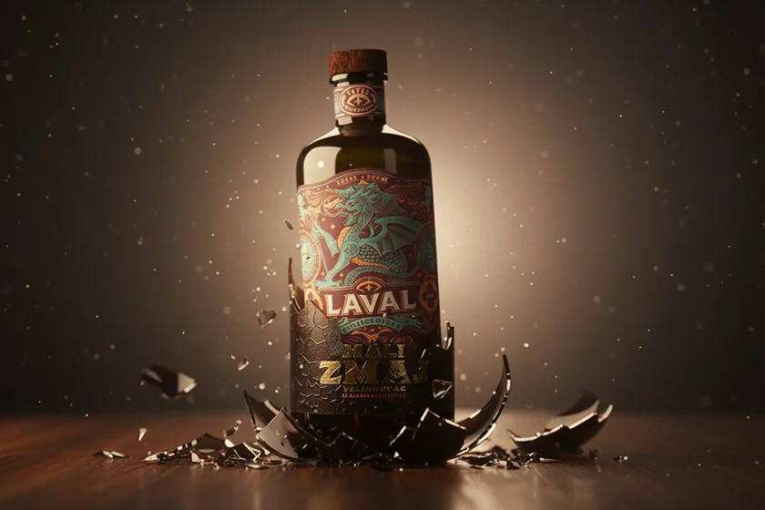 A Laval Pelinkovac bottle symbolically emerging from the broken Mali Zmaj packaging, representing the visual transformation of the Suza brand.
