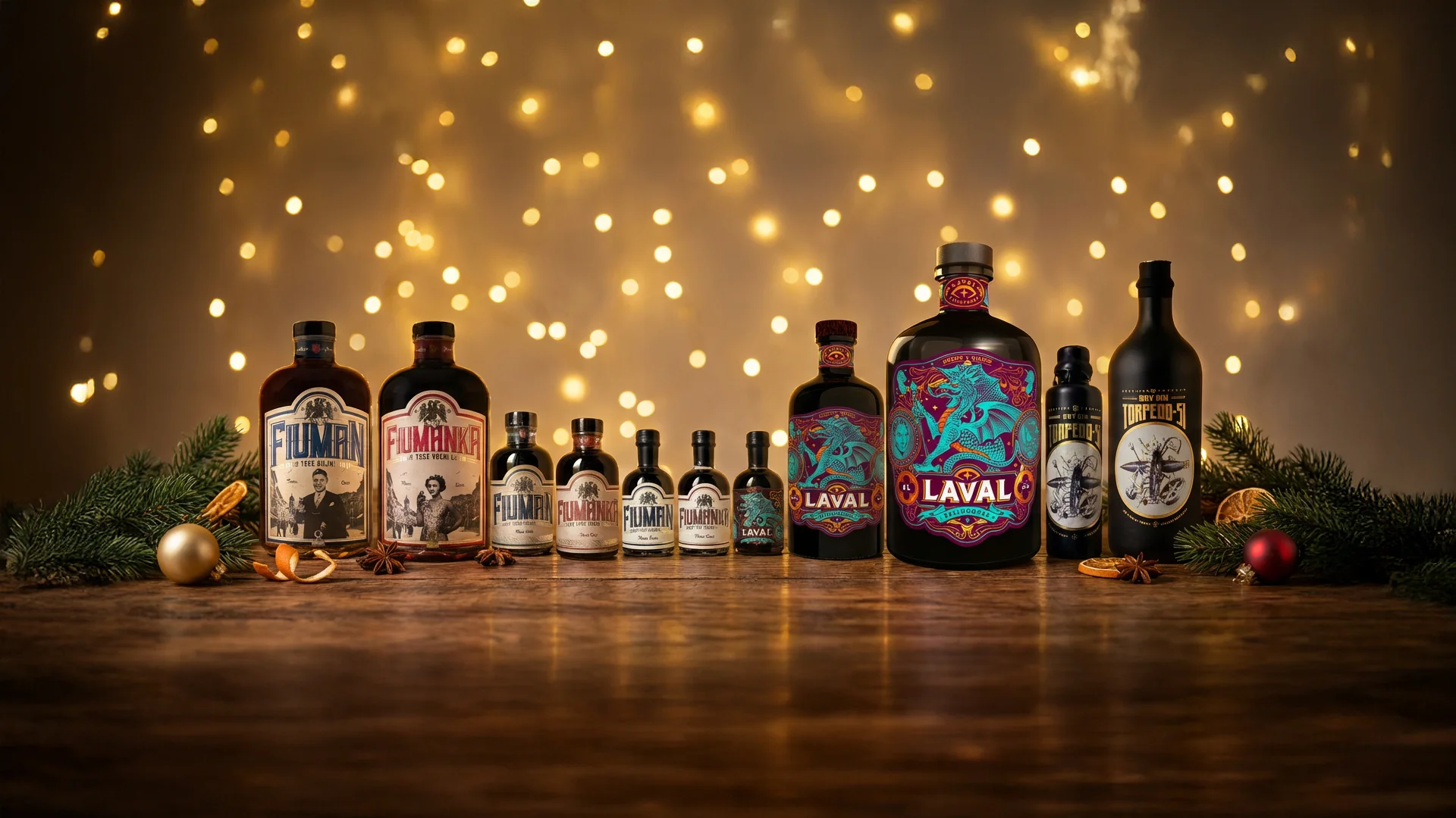 Božićni hero vizual s proizvodima Suza TB – Laval Pelinkovac, Fiuman, Fiumanka i Gin Torpedo-51 u blagdanskom aranžmanu s toplim lampicama.