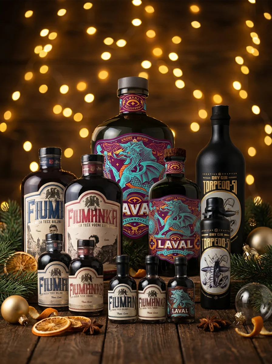 Božićna mobilna hero fotografija s proizvodima Suza – The Spirit of Kvarner: Laval Pelinkovac, Fiuman, Fiumanka i Torpedo-51 gin, u blagdanskom aranžmanu s toplim lampicama.