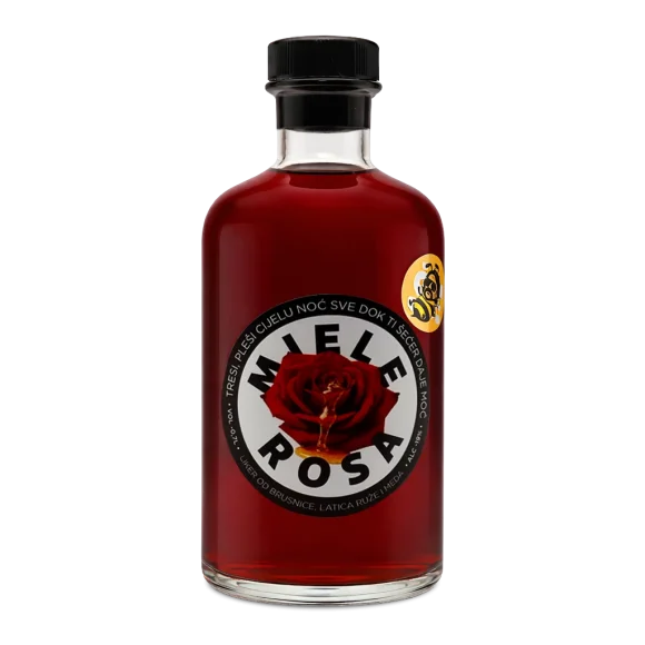 Boca likera Miela Rosa od brusnice, latica ruže i meda, nastala u suradnji Suze i Mrleta iz grupe Let 3