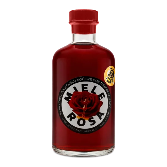 Boca likera Miela Rosa od brusnice, latica ruže i meda, nastala u suradnji Suze i Mrleta iz grupe Let 3